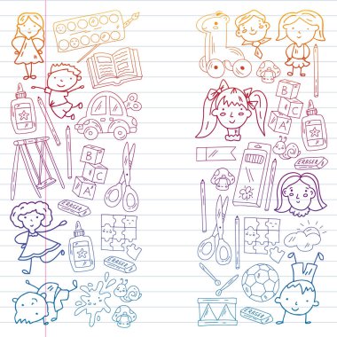 Anaokulu. Oyuncaklar ve küçük çocuklar için vektör deseni. Okul öncesi eğitim.