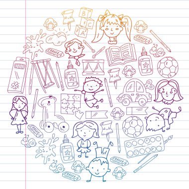 Anaokulu. Oyuncaklar ve küçük çocuklar için vektör deseni. Okul öncesi eğitim.