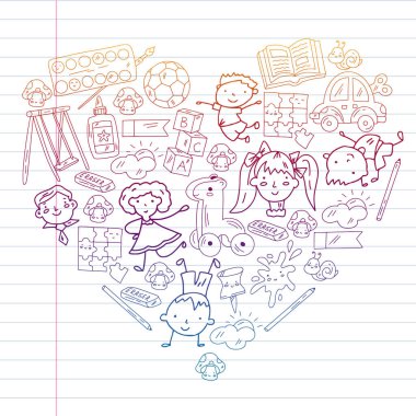 Anaokulu. Oyuncaklar ve küçük çocuklar için vektör deseni. Okul öncesi eğitim.