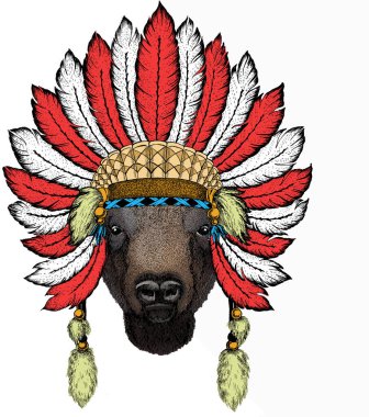 Vektör bizon kafası. Boğa portresi, buffalo. Kızılderili başlığı giyen bir hayvan. Kabile çizimi