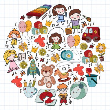 Vektör deseni. Anaokulu ve oyuncaklar. Küçük bir çocuk oyunu. Çocuk parkı. Eğitim, yaratıcılık, hayal gücü.