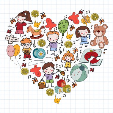 Vektör deseni. Anaokulu ve oyuncaklar. Küçük bir çocuk oyunu. Çocuk parkı. Eğitim, yaratıcılık, hayal gücü.