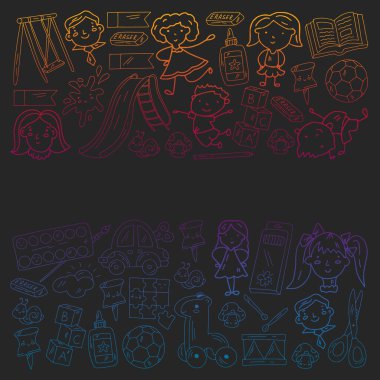 Anaokulu. Oyuncaklar ve küçük çocuklar için vektör deseni. Okul öncesi eğitim.