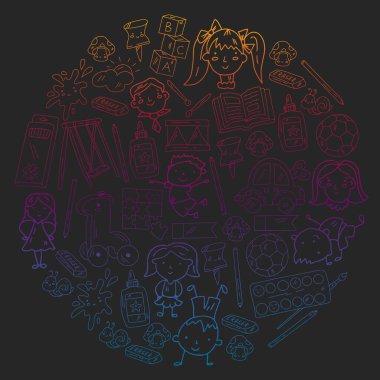 Anaokulu. Oyuncaklar ve küçük çocuklar için vektör deseni. Okul öncesi eğitim.