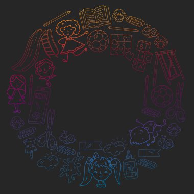 Anaokulu. Oyuncaklar ve küçük çocuklar için vektör deseni. Okul öncesi eğitim.