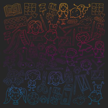 Anaokulu. Oyuncaklar ve küçük çocuklar için vektör deseni. Okul öncesi eğitim.