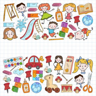 Anaokulu. Oyuncaklar ve küçük çocuklar için vektör deseni. Okul öncesi eğitim.