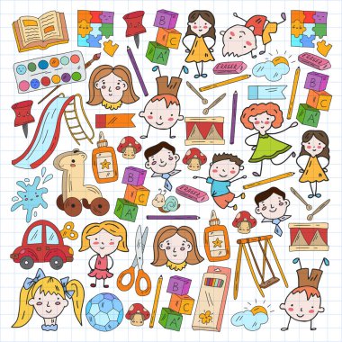 Anaokulu. Oyuncaklar ve küçük çocuklar için vektör deseni. Okul öncesi eğitim.