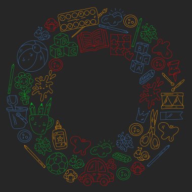 Anaokulu ve oyuncaklar. Küçük bir çocuk oyunu. Çocuk parkı. Eğitim, yaratıcılık, hayal gücü.