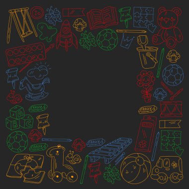 Anaokulu ve oyuncaklar. Küçük bir çocuk oyunu. Çocuk parkı. Eğitim, yaratıcılık, hayal gücü.