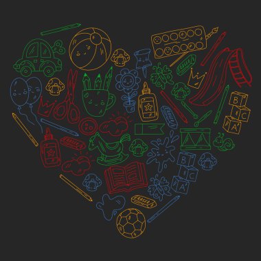 Anaokulu ve oyuncaklar. Küçük bir çocuk oyunu. Çocuk parkı. Eğitim, yaratıcılık, hayal gücü.