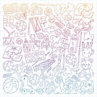 Anaokulu ve oyuncaklar. Küçük bir çocuk oyunu. Çocuk parkı. Eğitim, yaratıcılık, hayal gücü.