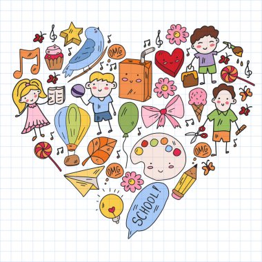 Okul eşyalarıyla vektör deseni. Çevrimiçi internet eğitimi, e-öğrenme.