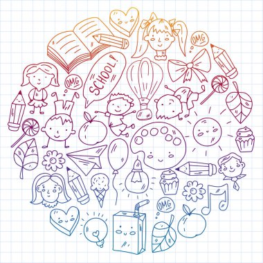 Okul eşyalarıyla vektör deseni. Çevrimiçi internet eğitimi, e-öğrenme.