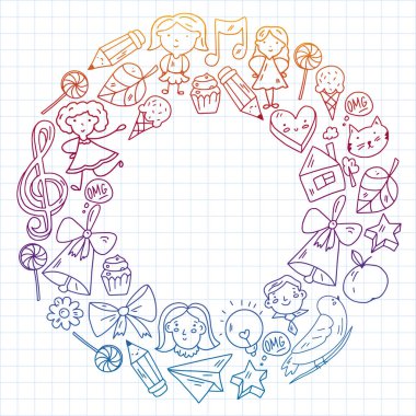 Okul eşyalarıyla vektör deseni. Çevrimiçi internet eğitimi, e-öğrenme.