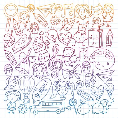 Okul eşyalarıyla vektör deseni. Çevrimiçi internet eğitimi, e-öğrenme.