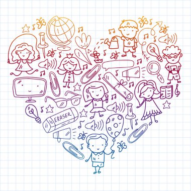 Okul eşyalarıyla vektör deseni. Çevrimiçi internet eğitimi, e-öğrenme.