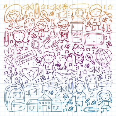 Okul eşyalarıyla vektör deseni. Çevrimiçi internet eğitimi, e-öğrenme.