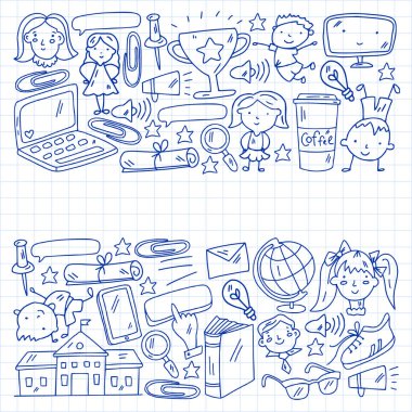 Okul simgeleriyle vektör deseni. İnternet eğitimi, e-öğrenme. Dijital teknoloji.