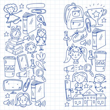 Okul simgeleriyle vektör deseni. İnternet eğitimi, e-öğrenme. Dijital teknoloji.