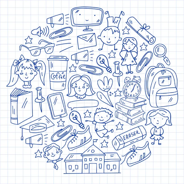 Okul simgeleriyle vektör deseni. İnternet eğitimi, e-öğrenme. Dijital teknoloji.