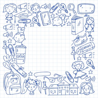 Okul simgeleriyle vektör deseni. İnternet eğitimi, e-öğrenme. Dijital teknoloji.