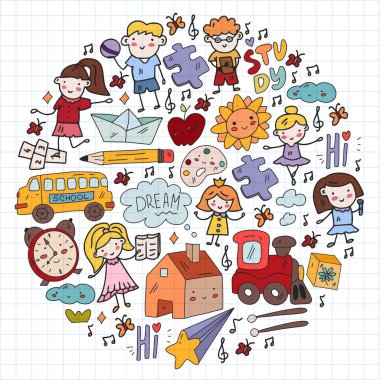 Vektör deseni. Okul ve internet eğitimi. Küçük oğlanlar ve kızlar birlikte oynar ve büyür..