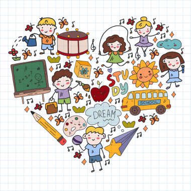 Vektör deseni. Okul ve internet eğitimi. Küçük oğlanlar ve kızlar birlikte oynar ve büyür..