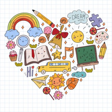 Okul simgeleriyle vektör deseni. İnternet eğitimi, e-öğrenme. Dijital teknoloji.