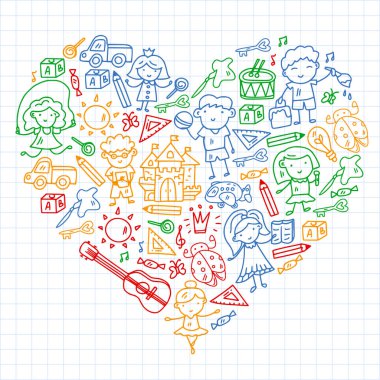 Okul, sevimli vektör çocukların olduğu anaokulu. Yaratıcılık ve hayal gücü. Dans, şarkı, resim, online eğitim.