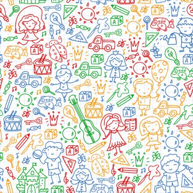 Okul, sevimli vektör çocukların olduğu anaokulu. Yaratıcılık ve hayal gücü. Dans, şarkı, resim, online eğitim.