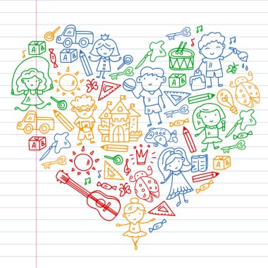 Okul, sevimli vektör çocukların olduğu anaokulu. Yaratıcılık ve hayal gücü. Dans, şarkı, resim, online eğitim.