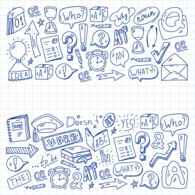 Karalama vektör deseni. İngilizce öğrenmenin illüstrasyonu. E-öğrenme, İnternet eğitimi.