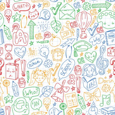 Okula dönelim. Eğitim hakkında ikonlar içeren vektör illüstrasyonu. İngilizce öğrenme. Online internet kursları.