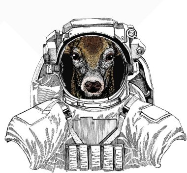 Uzay giysisi içinde vahşi bir astronot. Derin uzay. Galaksi. Geyiğin taşıyıcı portresi. Orman hayvanı başı.