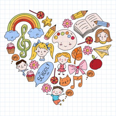 Okul eşyalarıyla vektör deseni. Çevrimiçi internet eğitimi, e-öğrenme.