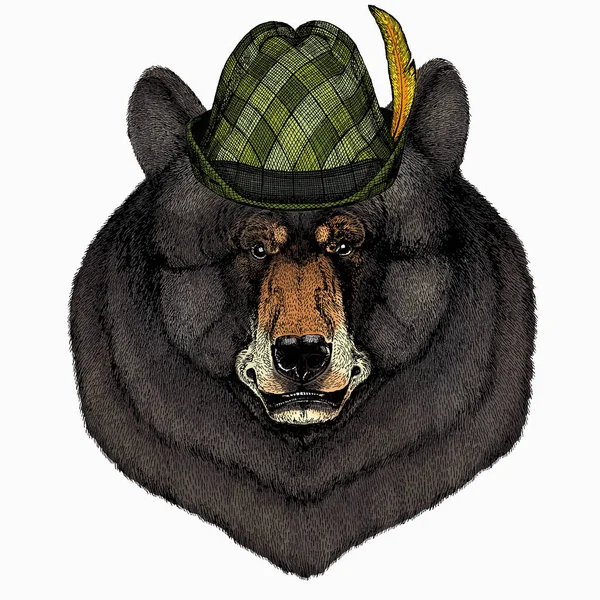 Bear wild animal face. Grizzly cute brown bear head portrait. Animal with tirol hat. Traditional headdress. — Stock Vector