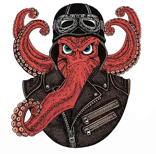 옥토퍼스 벡터 초상화. 해양 생물, 짐승. 빈티지 오토바이 자전거 헬멧. — 스톡 벡터