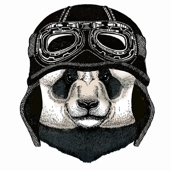 パンダ、竹クマの肖像画。パンダの頭。ヴィンテージバイクバイカーヘルメット. — ストックベクタ