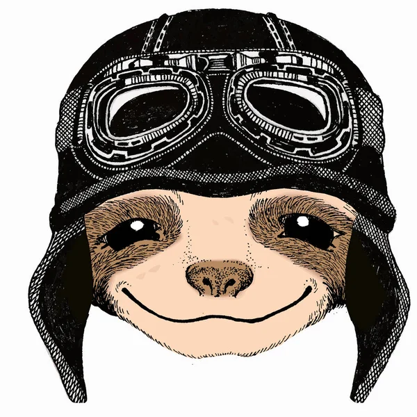 Smiling sloth face, vector portrait of sloth. Animal portrait. Vintage motorcycle biker helmet. — Stock Vector