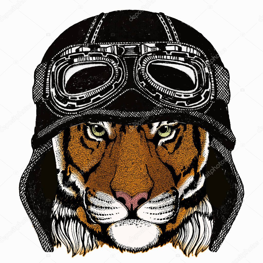 Vector tiger portrait. Animal head. Vintage motorcycle biker helmet.