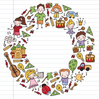 Okul, sevimli vektör çocukların olduğu anaokulu. Yaratıcılık ve hayal gücü. Dans, şarkı, resim, online eğitim.