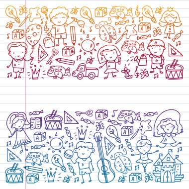 Okul, sevimli vektör çocukların olduğu anaokulu. Yaratıcılık ve hayal gücü. Dans, şarkı, resim, online eğitim.