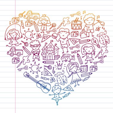 Okul, sevimli vektör çocukların olduğu anaokulu. Yaratıcılık ve hayal gücü. Dans, şarkı, resim, online eğitim.