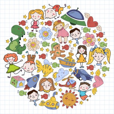 Anaokulu çocukları. Çocuklar için çizilmiş nesneler. Oyuncaklar, oğlanlar ve kızlar. Vektör ana hatları simgeleri