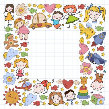 Anaokulu çocukları. Çocuklar için çizilmiş nesneler. Oyuncaklar, oğlanlar ve kızlar. Vektör ana hatları simgeleri