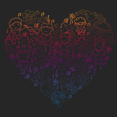 Anaokulu çocukları. Çocuklar için çizilmiş nesneler. Oyuncaklar, oğlanlar ve kızlar. Vektör ana hatları simgeleri