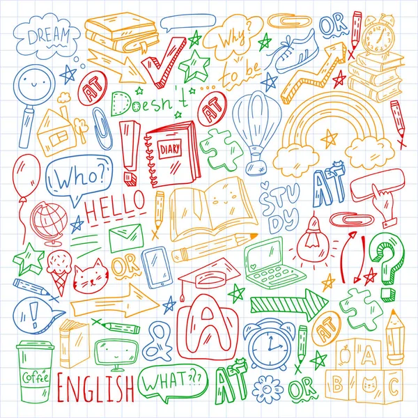 Miúdos novos. Crianças da escola. Cursos de inglês. Língua inglesa. — Vetor de Stock