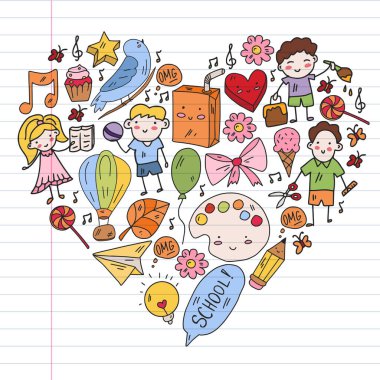 Anaokulu çizen çocuklar. Mutlu çocuklar. Çocuklar için illüstrasyon oynuyorlar.