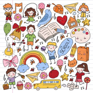 Anaokulu çizen çocuklar. Mutlu çocuklar. Çocuklar için illüstrasyon oynuyorlar.